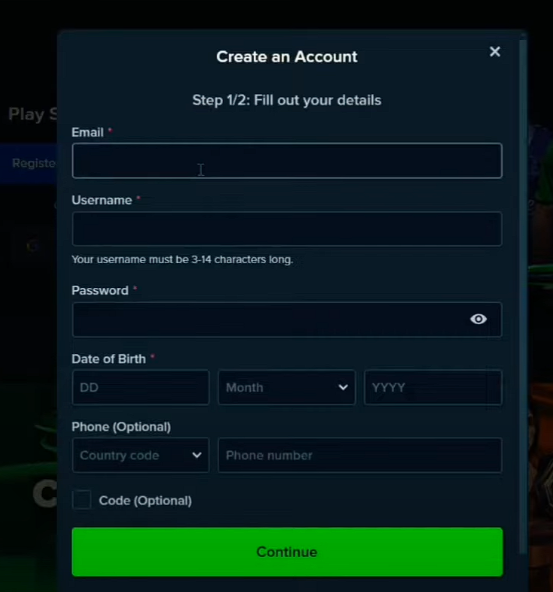 Sign up on the Stake website